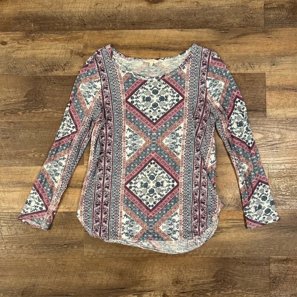 Lucky Brand Blouse Floral Boho Scoop Neck Long Sleeve Festival Semi Sheer